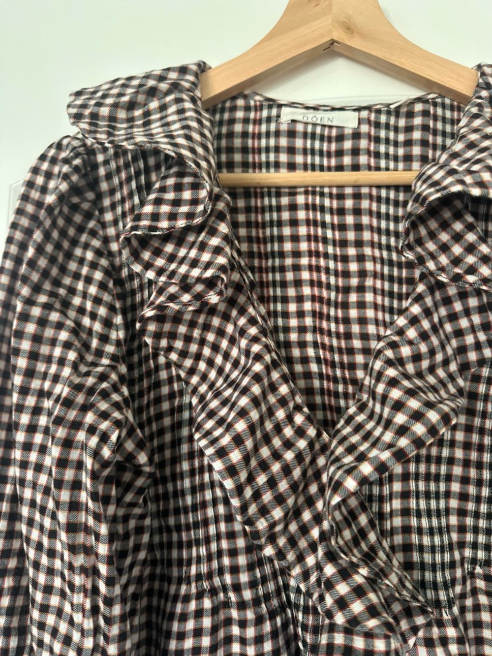 Doen Hardy Delphine Plaid Brown & White Gingham Ruffle Blouse - Picture 3 of 4